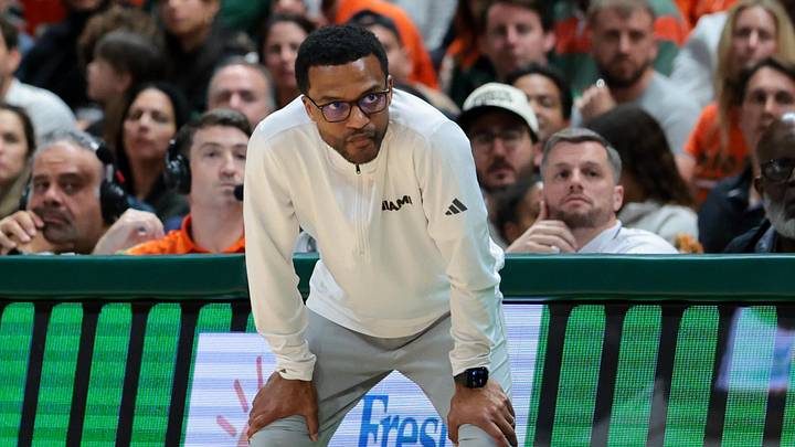 Feb 10, 2026; Coral Gables, Florida, USA; Miami Hurricanes head coach Jai Lucas looks on from sideline against the North Carolina Tar Heels during the second half at Watsco Center. Mandatory Credit: Sam Navarro-Imagn Images