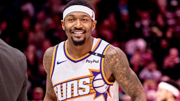 Dec 5, 2024; New Orleans, Louisiana, USA; Phoenix Suns guard Bradley Beal (3) reacts to the New Orleans Pelicans win  at Smoothie King Center. Mandatory Credit: Stephen Lew-Imagn Images