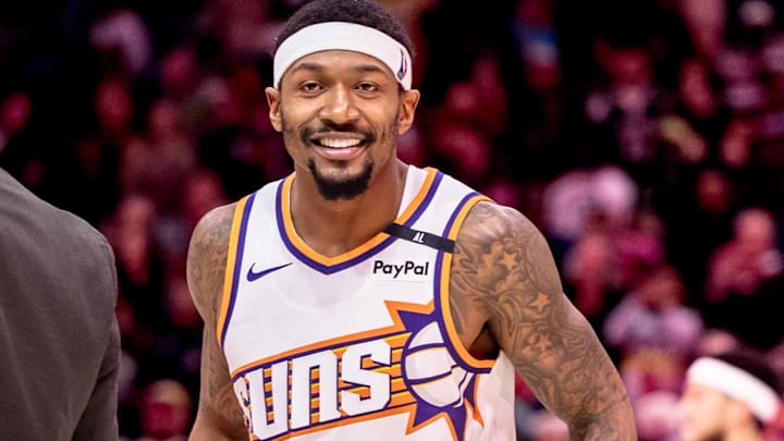 Dec 5, 2024; New Orleans, Louisiana, USA; Phoenix Suns guard Bradley Beal (3) reacts to the New Orleans Pelicans win  at Smoothie King Center. Mandatory Credit: Stephen Lew-Imagn Images