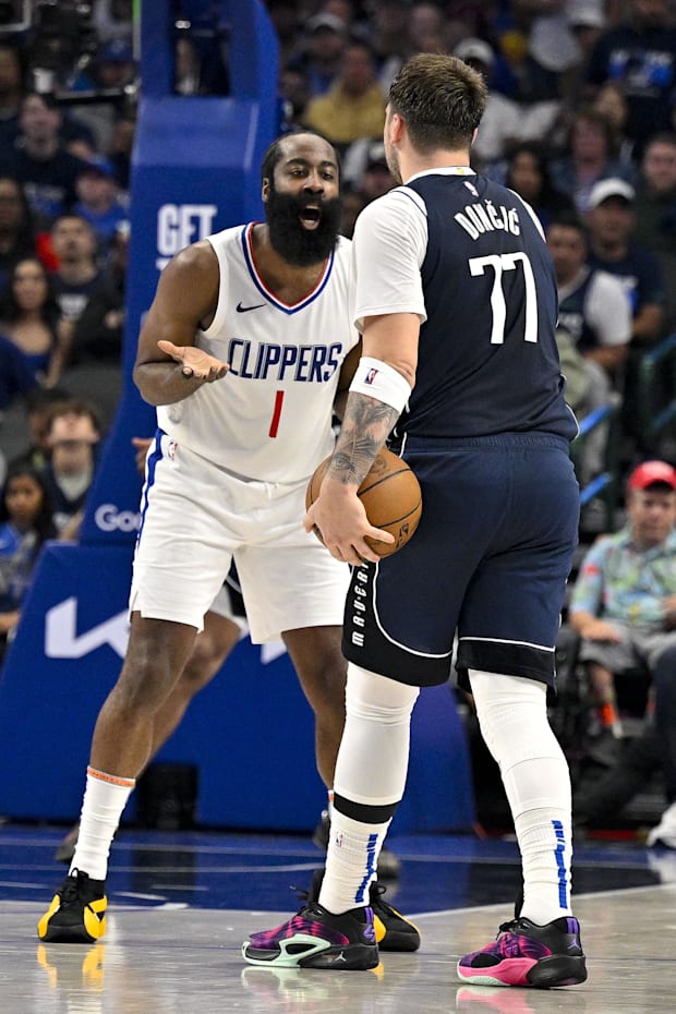 La Clippers guard James Harden reacted to be summoned for a foul on Dallas Maverix Luka Doncic's guard 