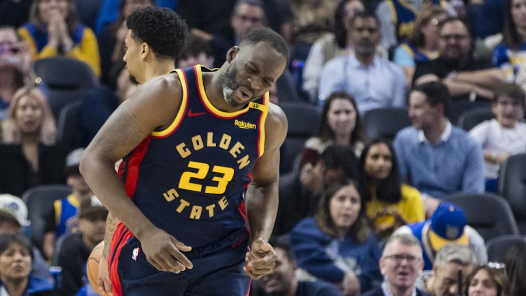 Jan 7, 2025; San Francisco, California, USA; Golden State Warriors forward Draymond Green (23) reacts after missing a shot against the Miami Heat during the second quarter at Chase Center. Mandatory Credit: John Hefti-Imagn Images