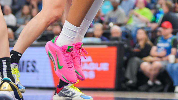 Las Vegas Aces center A'ja Wilson shoots against the Minnesota Lynx forward Alanna Smith 
