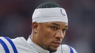 Anthony Richardson of the Indianapolis Colts stands on the sideline