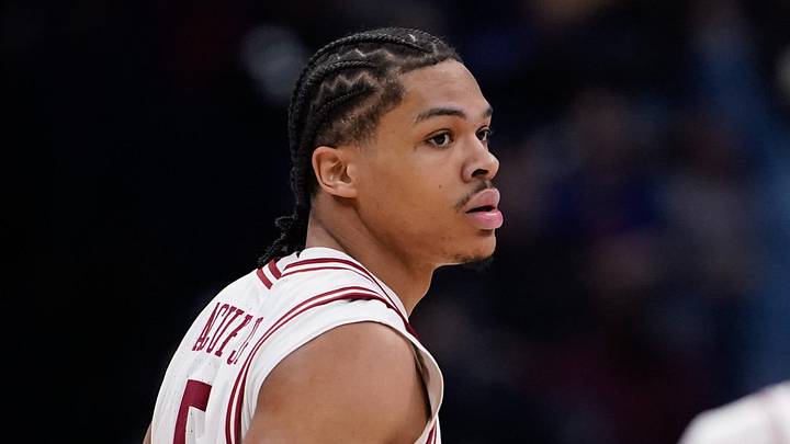 Arkansas guard Darius Acuff Jr. (5) celebrates a three-pointer during the first half of the SEC tournament championship game against Vanderbilt at Bridgestone Arena in Nashville, Tenn., Sunday, March 15, 2026.