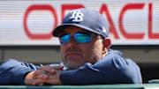 Aug 17, 2025; San Francisco, California, USA; Tampa Bay Rays manager Kevin Cash (16) looks on against the San Francisco Giants during the seventh inning at Oracle Park. 