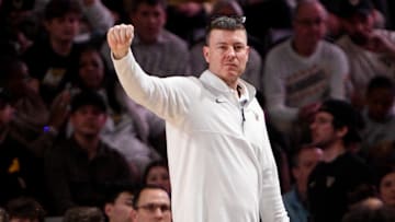 Feb 22, 2025; Nashville, Tennessee, USA; Vanderbilt Commodores head coach Mark Byington paces the sidelines against the Mississippi Rebels during the first half at Memorial Gymnasium. Mandatory Credit: Steve Roberts-Imagn Images
