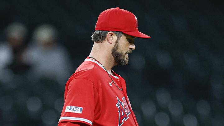 Los Angeles Angels relief pitcher Drew Pomeranz (13) reacts
