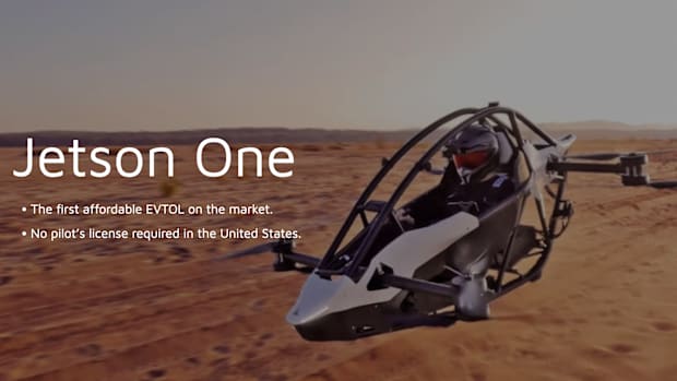 A promo image of the Jetson One promotes the fact there is no need for a pilot's license in the United States.