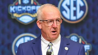Jul 16, 2025; Atlanta, GA, USA; SEC commissioner Greg Sankey speaks to the media during the SEC Media Day at Omni Atlanta Hotel. Mandatory Credit: Jordan Godfree-Imagn Images
