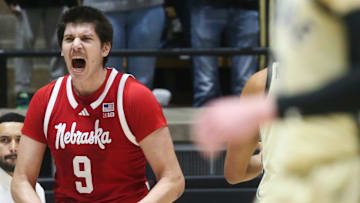 Nebraska Cornhuskers forward Berke Buyuktuncel (9) celebrates after blocking a shot Sunday, Jan. 12, 2025, during the NCAA men’s basketball game against the Purdue Boilermakers at Mackey Arena in West Lafayette, Ind.