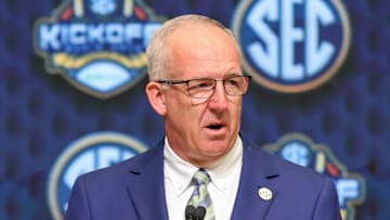 Jul 16, 2025; Atlanta, GA, USA; SEC commissioner Greg Sankey speaks to the media during the SEC Media Day at Omni Atlanta Hotel. Mandatory Credit: Jordan Godfree-Imagn Images