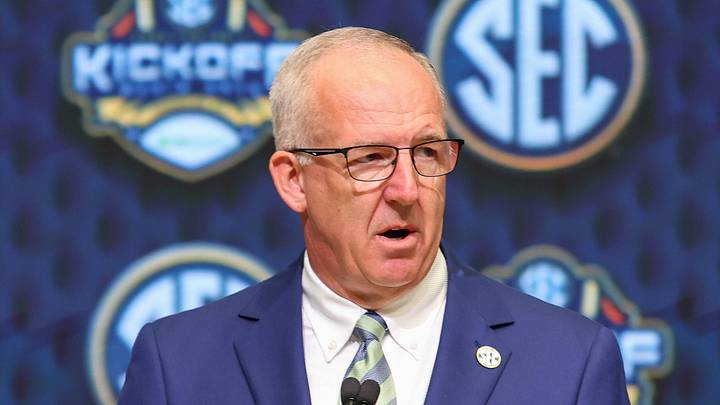 Jul 16, 2025; Atlanta, GA, USA; SEC commissioner Greg Sankey speaks to the media during the SEC Media Day at Omni Atlanta Hotel. Mandatory Credit: Jordan Godfree-Imagn Images