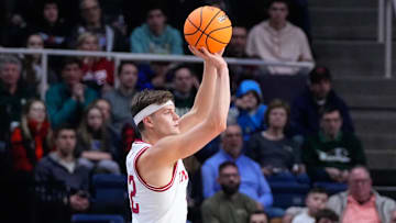 Mar 19, 2023; Albany, NY, USA; Indiana Hoosiers forward Miller Kopp (12) against the Miami Hurricanes during the first half at MVP Arena. Mandatory Credit: Gregory Fisher-Imagn Images