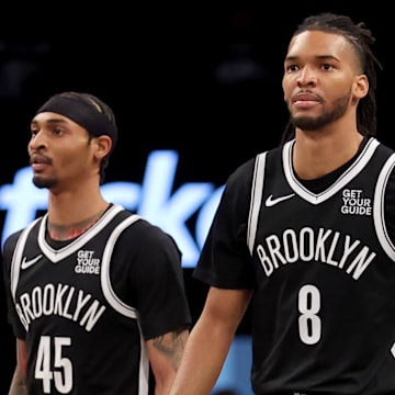 Mar 28, 2025; Brooklyn, New York, USA; Brooklyn Nets forward Ziaire Williams (8) and guard Keon Johnson (45) during the first quarter against the Los Angeles Clippers at Barclays Center. Mandatory Credit: Brad Penner-Imagn Images