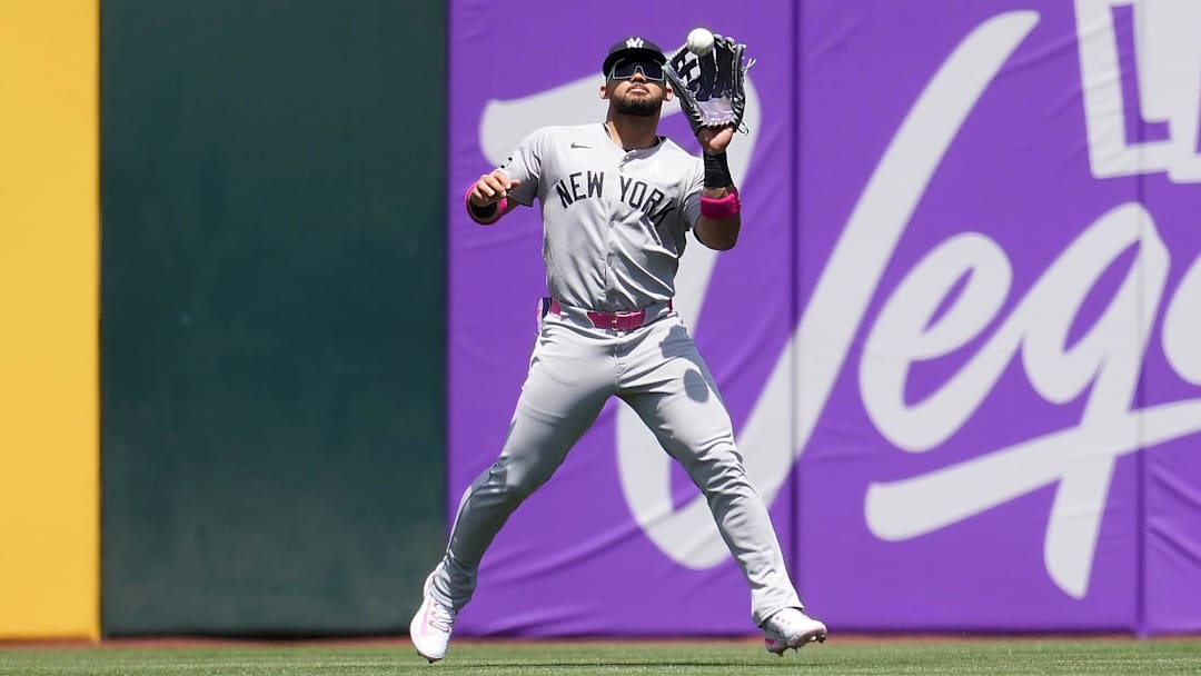 May 11, 2025; West Sacramento, California, USA; New York Yankees left fielder Jasson Dominguez (24) catches a fly ball against the Athletics in the first inning at Sutter Health Park. May 11, 2025; West Sacramento, California, USA; New York Yankees left fielder Jasson Dominguez (24) catches a fly ball against the Athletics in the first inning at Sutter Health Park.