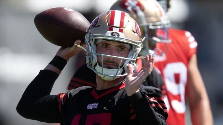 Jul 26, 2024; Santa Clara, CA, USA; San Francisco 49ers quarterback Brandon Allen (17) throws a pass during Day 4 of training camp at SAP Performance Facility. Mandatory Credit: D. Ross Cameron-USA TODAY Sports