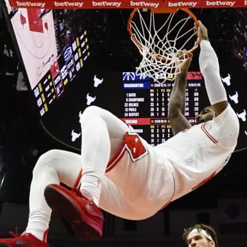 Mar 16, 2024; Chicago, Illinois, USA; Chicago Bulls center Andre Drummond (3) dunks the ball against the Washington Wizards during the second half at United Center. Mandatory Credit: David Banks-USA TODAY Sports