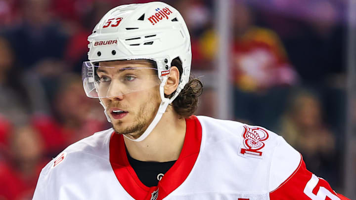 Dec 10, 2025; Calgary, Alberta, CAN; Detroit Red Wings defenseman Moritz Seider (53) against the Calgary Flames during the first period at Scotiabank Saddledome. Mandatory Credit: Sergei Belski-Imagn Images