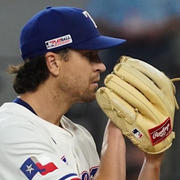 Texas Rangers pitcher Jacob deGrom (48) looks in for the sign during the fourth inning against the Chicago White Sox at Globe Life Field on June 14. 