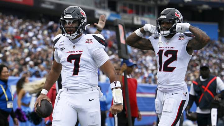 Oct 11, 2026; Nashville, Tennessee, USA;  Houston Texans quarterback C.J. Stroud (7) celebrates a touchdown during the third quarter against the Tennessee Titans at Nissan Stadium.  Mandatory Credit: Steve Roberts-Imagn Images