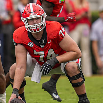 Oct 4, 2025; Athens, Georgia, USA; Georgia Bulldogs offensive lineman Drew Bobo (74) over the ball against the Kentucky Wildcats at Sanford Stadium. Mandatory Credit: Dale Zanine-Imagn Images