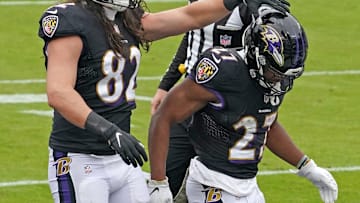 Nov 22, 2020; Baltimore, Maryland, USA; Baltimore Ravens   running back JK Dobbins (27) celebrates