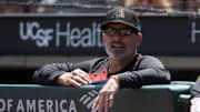 May 14, 2025; San Francisco, California, USA; Arizona Diamondbacks manager Torey Lovullo watches his team take on the San Francisco Giants during the second inning at Oracle Park. Mandatory Credit: D. Ross Cameron-Imagn Images