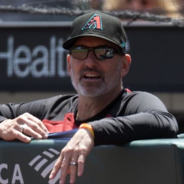 May 14, 2025; San Francisco, California, USA; Arizona Diamondbacks manager Torey Lovullo watches his team take on the San Francisco Giants during the second inning at Oracle Park. Mandatory Credit: D. Ross Cameron-Imagn Images