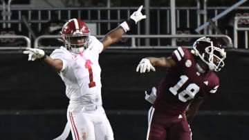 Alabama's Kool-Aid McKinstry breaks up a pass intended for Mississippi State receiver Jordan Mosley, Sept. 30, 2023 in Starkville, Mississippi.