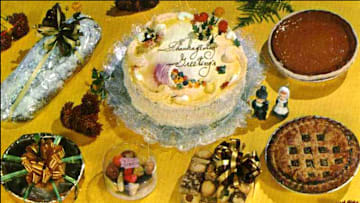 A vintage 1950s postcard with a bounty of Thanksgiving dishes.