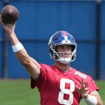 East Rutherford, NJ -- June 11, 2024 -- Quarterback Daniel Jones at the NY Giants Mandatory Minicamp at their practice facility in East Rutherford, NJ.