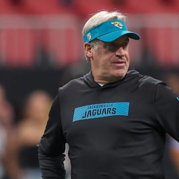 Aug 23, 2024; Atlanta, Georgia, USA; Jacksonville Jaguars head coach Doug Pederson prepares for a game against the Atlanta Falcons at Mercedes-Benz Stadium. Mandatory Credit: Brett Davis-Imagn Images