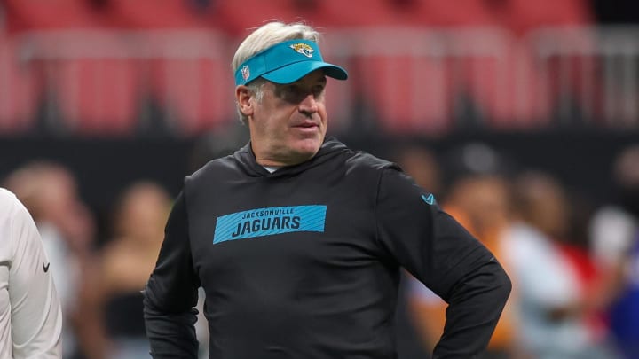 Aug 23, 2024; Atlanta, Georgia, USA; Jacksonville Jaguars head coach Doug Pederson prepares for a game against the Atlanta Falcons at Mercedes-Benz Stadium.