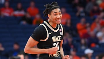 Dec 31, 2024; Syracuse, New York, USA; Wake Forest Demon Deacons guard Hunter Sallis (23) reacts during the second half against the Syracuse Orange at the JMA Wireless Dome. Mandatory Credit: Rich Barnes-Imagn Images