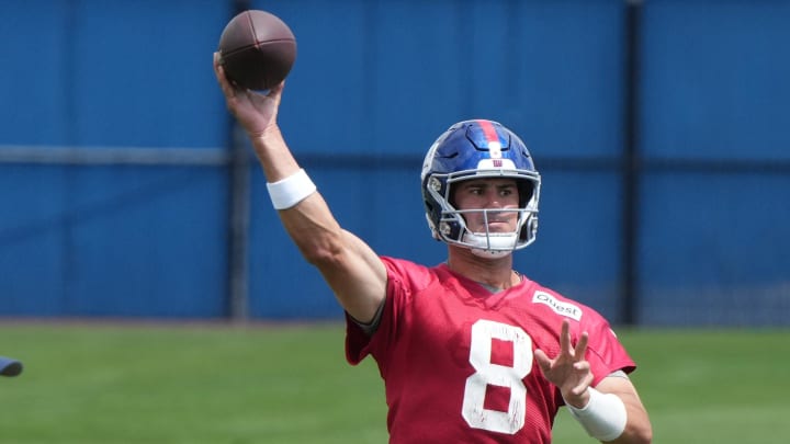 East Rutherford, NJ -- June 11, 2024 -- Quarterback Daniel Jones at the NY Giants Mandatory Minicamp at their practice facility in East Rutherford, NJ.