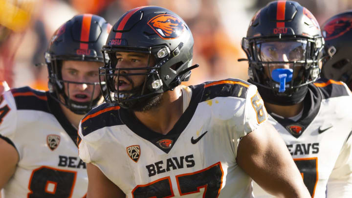 Nov 19, 2022; Tempe, Arizona, USA; Oregon State Beavers offensive lineman Joshua Gray (67) against the Arizona State Sun Devils at Sun Devil Stadium. Mandatory Credit: Mark J. Rebilas-USA TODAY Sports