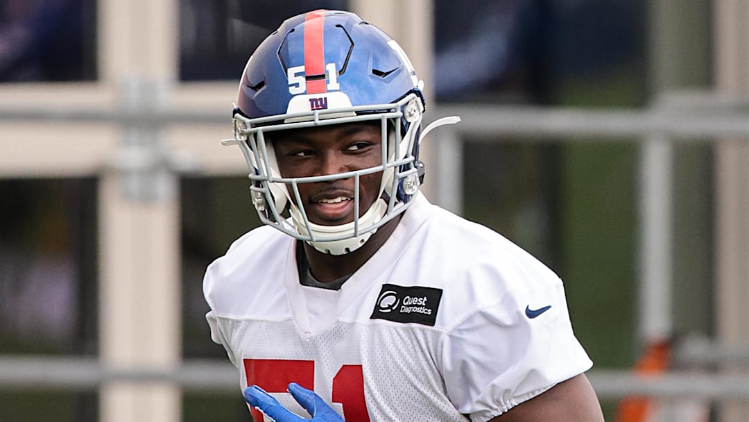 Jul 29, 2021; East Rutherford, NJ, USA; New York Giants linebacker Azeez Ojulari (51) jogs during training camp at Quest Diagnostics Training Center. Mandatory Credit: Vincent Carchietta-Imagn Images