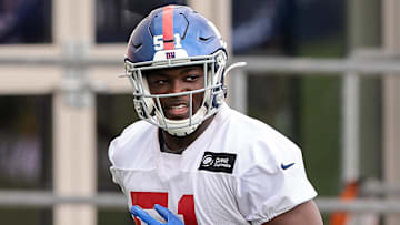 Jul 29, 2021; East Rutherford, NJ, USA; New York Giants linebacker Azeez Ojulari (51) jogs during training camp at Quest Diagnostics Training Center. Mandatory Credit: Vincent Carchietta-Imagn Images