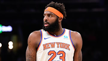 Dec 8, 2023; Boston, Massachusetts, USA;  New York Knicks center Mitchell Robinson (23) looks on during the first half against the Boston Celtics at TD Garden. Mandatory Credit: Eric Canha-Imagn Images