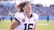 Nov 30, 2025; Nashville, Tennessee, USA; Jacksonville Jaguars quarterback Trevor Lawrence (16) runs off the field prior to a game against the Tennessee Titans at Nissan Stadium. Mandatory Credit: Steve Roberts-Imagn Images