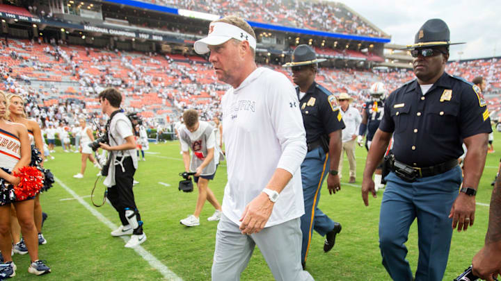 Auburn Tigers head coach Hugh Freeze walks off the field after the California Golden Bears defeated Auburn Tigers 21-14. 