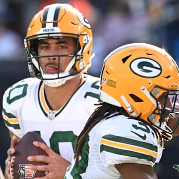 Green Bay Packers quarterback Jordan Love (10) looks to pass in the second quarter at Carolina in 2023.