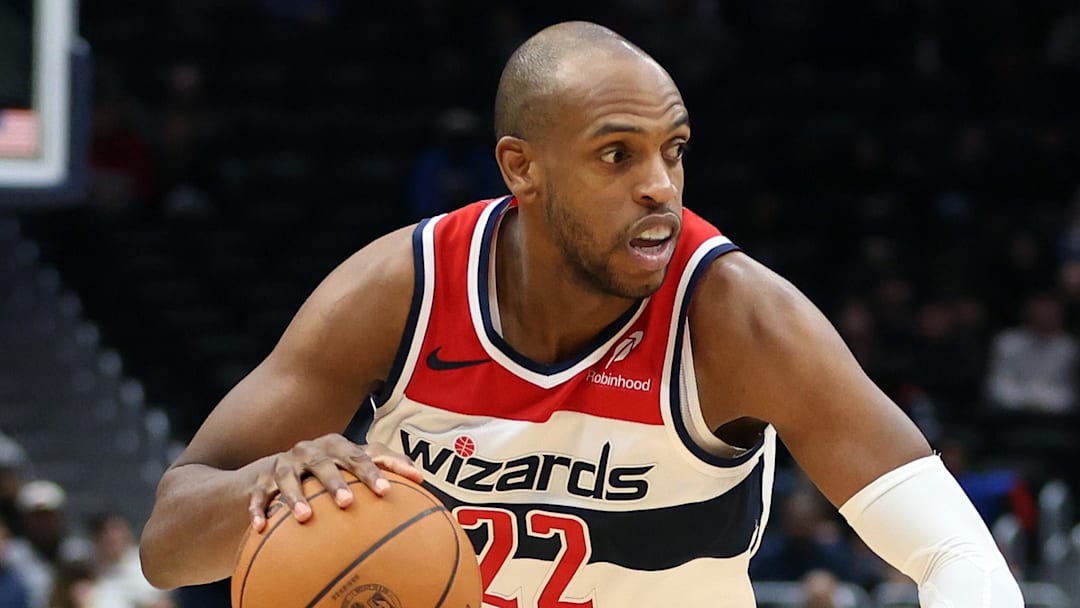 Jan 6, 2026; Washington, District of Columbia, USA; Washington Wizards forward Khris Middleton (22) dribbles the ball during the second half against the Orlando Magic at Capital One Arena. Mandatory Credit: Daniel Kucin Jr.-Imagn Images