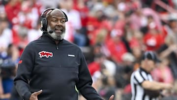 Oct 11, 2025; College Park, Maryland, USA;  Maryland Terrapins head coach Mike Locksley reacts during the game against the Nebraska Cornhuskers at SECU Stadium. Mandatory Credit: Tommy Gilligan-Imagn Images