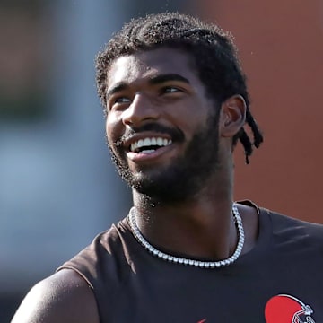 Cleveland Browns quarterback Shedeur Sanders (12) is all smiles during NFL training camp at CrossCountry Mortgage Campus, Wednesday, July 30, 2025, in Berea, Ohio.