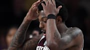 Feb 13, 2024; Nashville, Tennessee, USA; Texas A&M Aggies guard Wade Taylor IV (4) reacts after being called for a foul during the second half against the Vanderbilt Commodores at Memorial Gymnasium. Mandatory Credit: Christopher Hanewinckel-Imagn Images