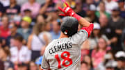 Minnesota Twins second baseman Kody Clemens (18) reacts at home plate after hitting a two run home run during the sixth inning against the Boston Red Sox at Fenway Park on May 3.