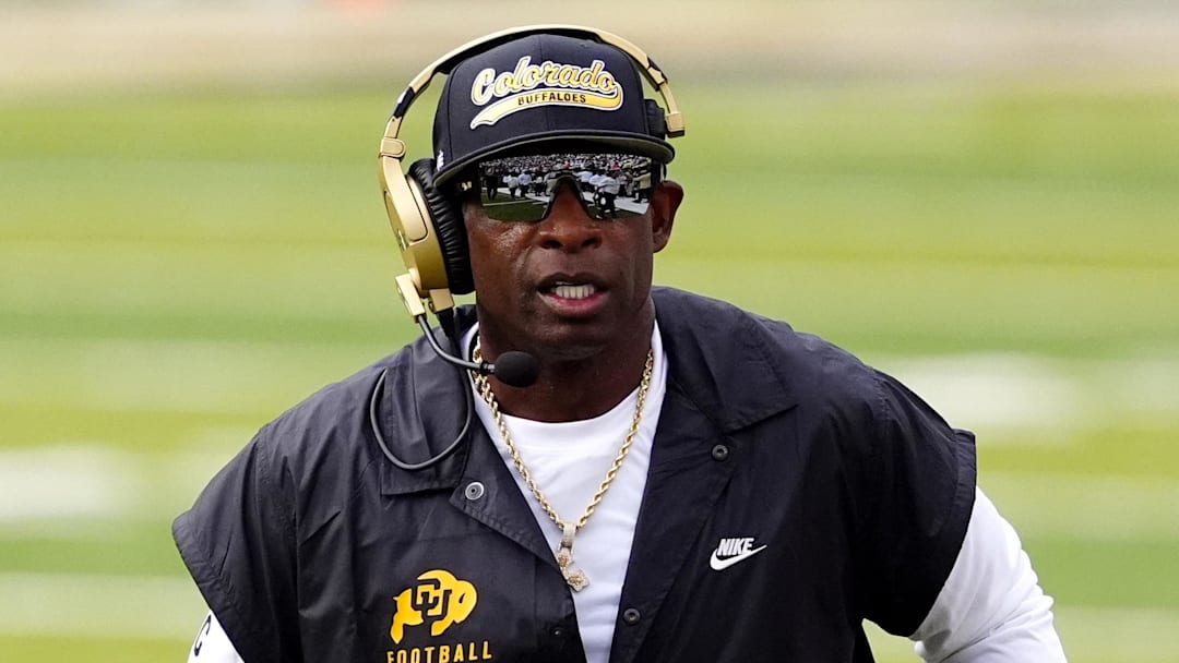 Aug 29, 2025; Boulder, Colorado, USA; Colorado Buffaloes head coach Deion Sanders during the first quarter against the Georgia Tech Yellow Jackets at Folsom Field.