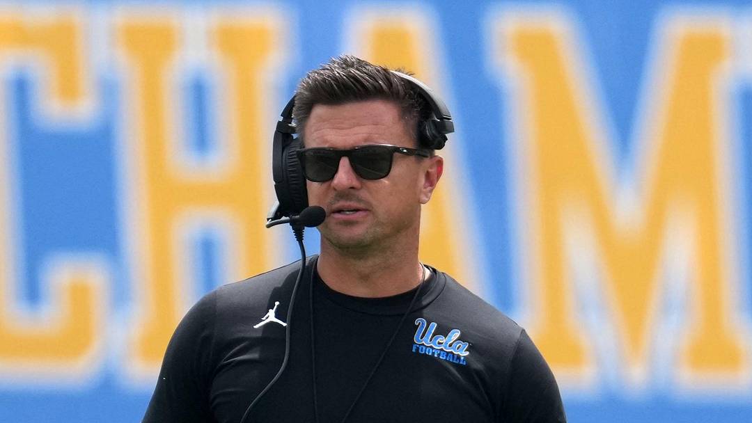 May 2, 2026; Pasadena, CA, USA; UCLA Bruins coach Bob Chesney reacts during the spring game at Rose Bowl. Mandatory Credit: Kirby Lee-Imagn Images