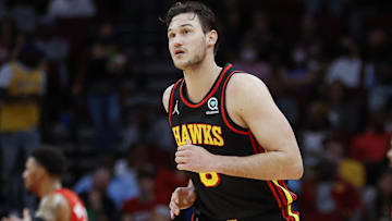 Atlanta Hawks forward Danilo Gallinari (8) reacts after scoring a basket during the second quarter against the Houston Rockets at Toyota Center.